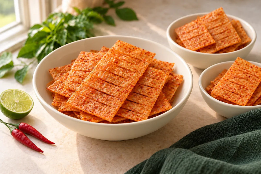 Thin scored orange seafood snack sheets with seasoning flecks in plain cream bowls beside lime and chillies.