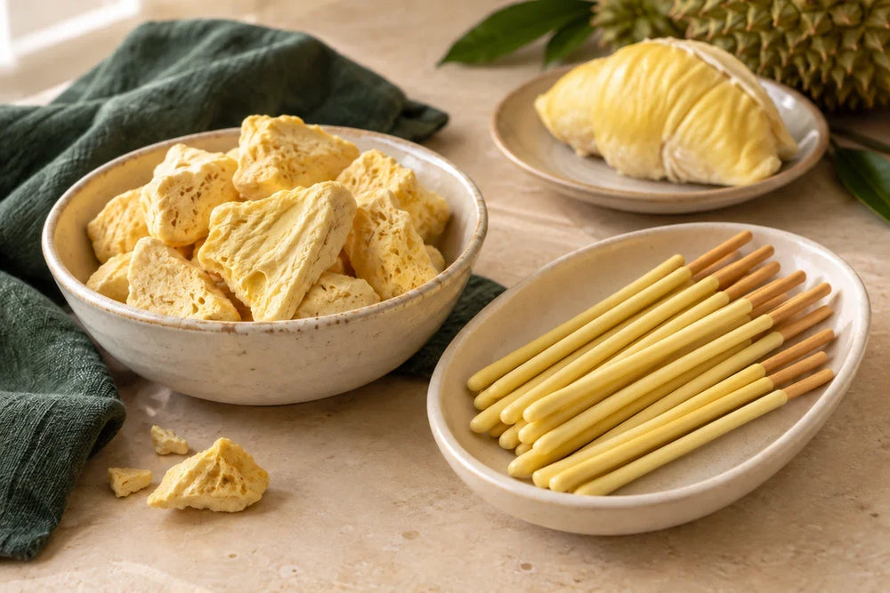 Slender pale-yellow durian-coated biscuit sticks beside freeze-dried and fresh durian.