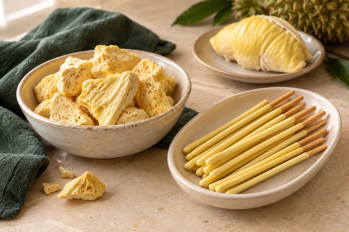 Slender pale-yellow durian-coated biscuit sticks beside freeze-dried and fresh durian.