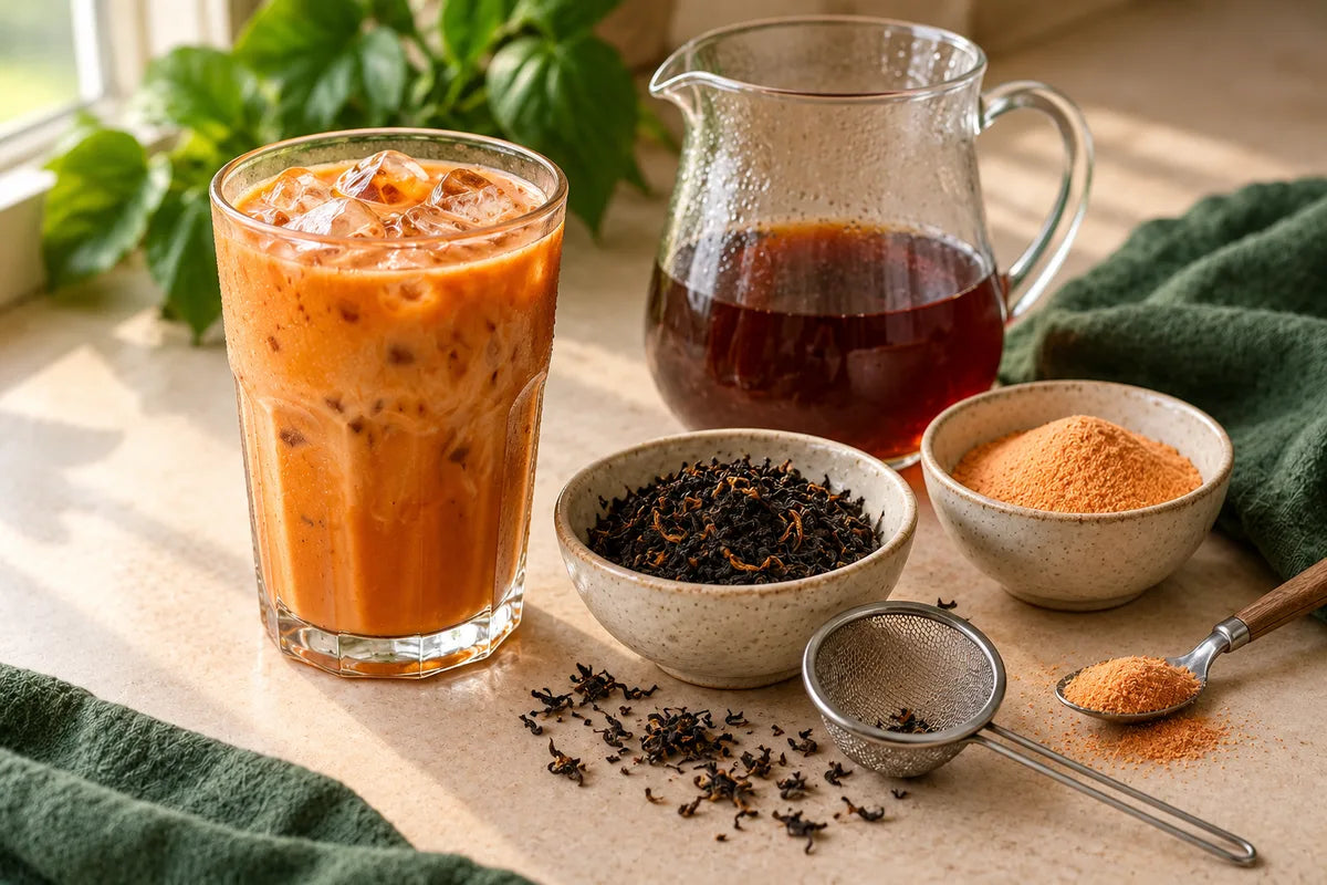 Thai milk tea with loose leaves, a strainer and a separate bowl of instant tea powder.