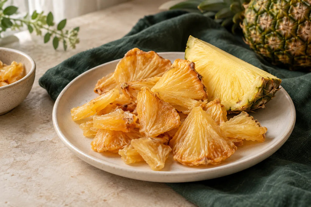 Golden dried pineapple pieces with a fresh pineapple wedge on a cream plate.