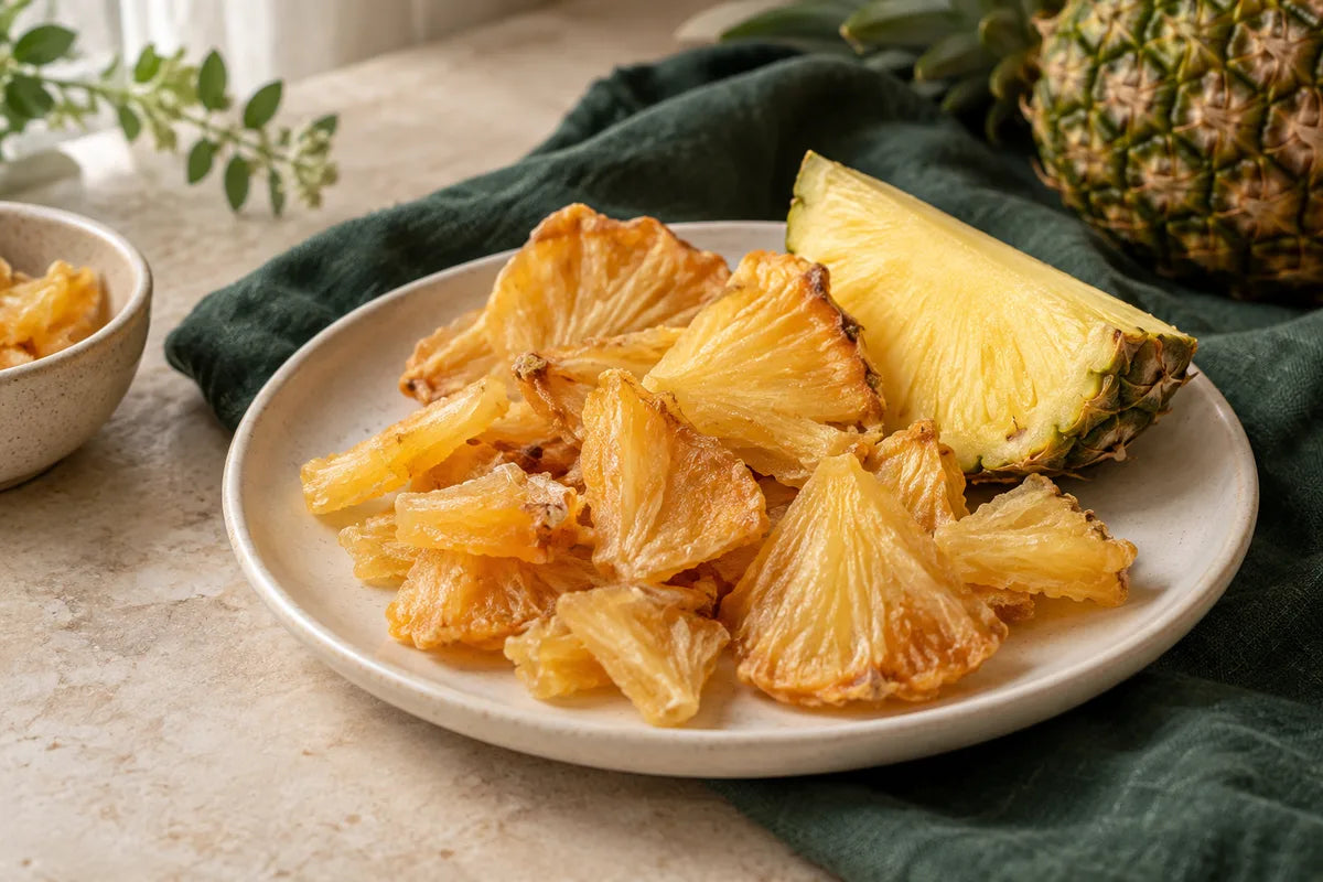 Golden dried pineapple pieces with a fresh pineapple wedge on a cream plate.