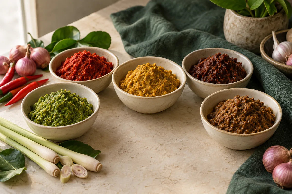 Five Thai curry pastes in green, red, yellow and brown tones arranged in cream bowls.
