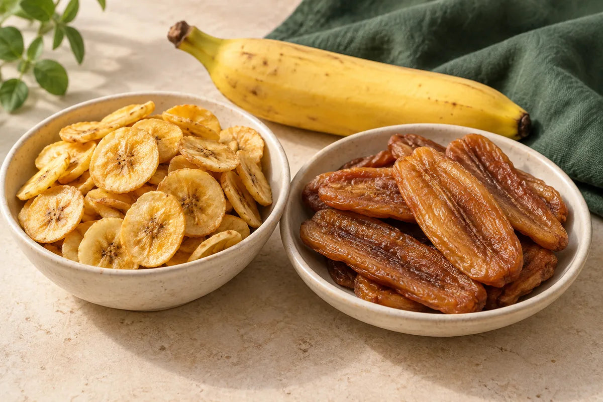 Golden banana chips beside amber soft dried bananas on a cream tabletop.