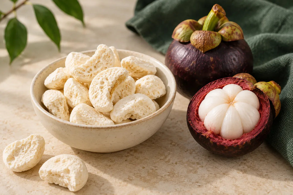 Pale freeze-dried mangosteen segments beside fresh purple mangosteen fruit.