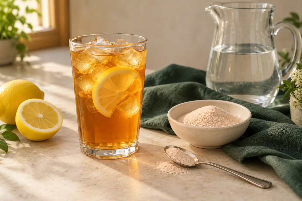 Amber lemon iced tea beside a small bowl of instant beverage powder and a spoon.