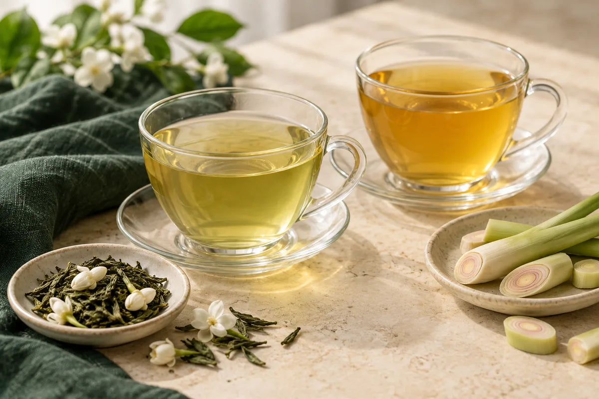 Clear cups of golden tea beside jasmine flowers, tea leaves and lemongrass.