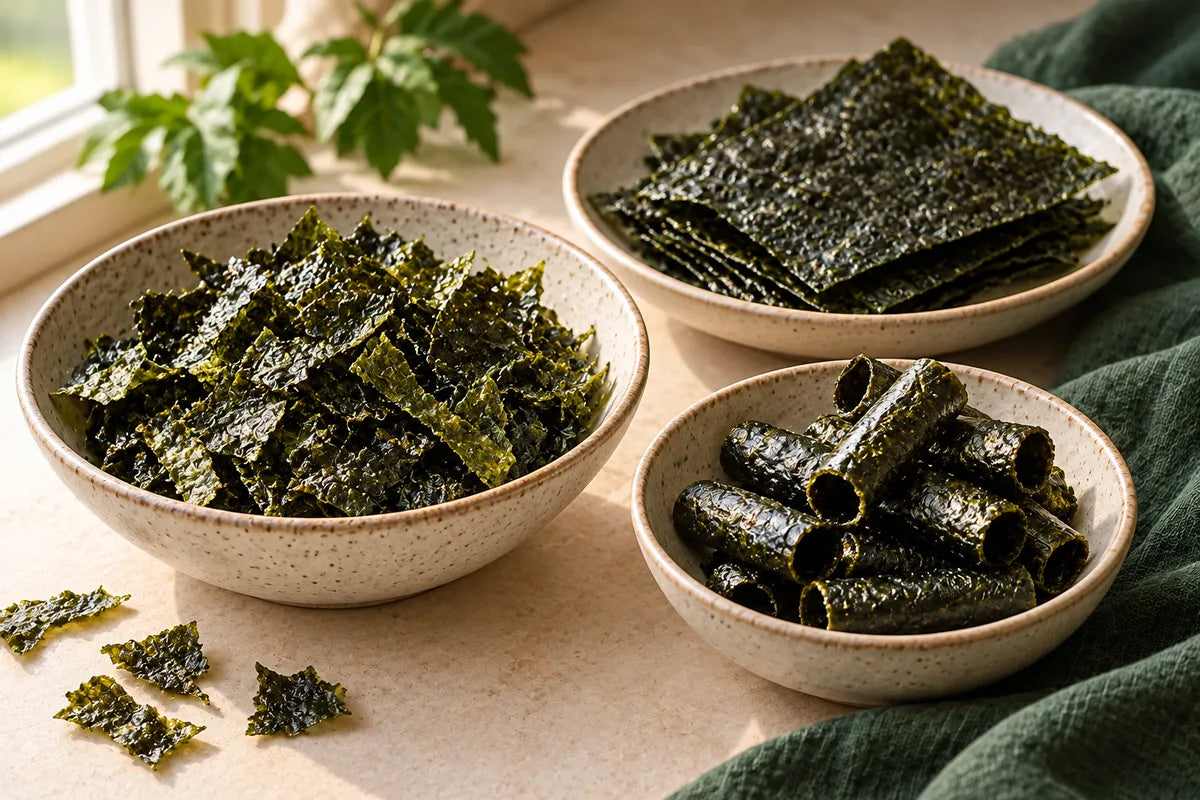 Crispy seaweed pieces, flat seaweed sheets and hollow seaweed rolls displayed in separate dishes.
