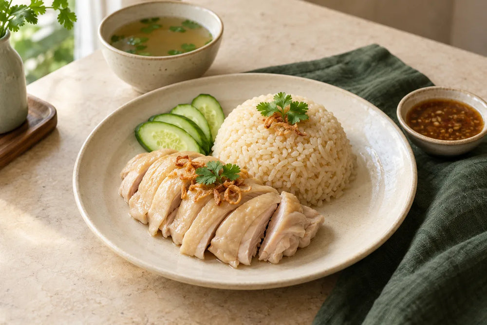 Sliced cooked chicken with rice, cucumber and a small bowl of dipping sauce.