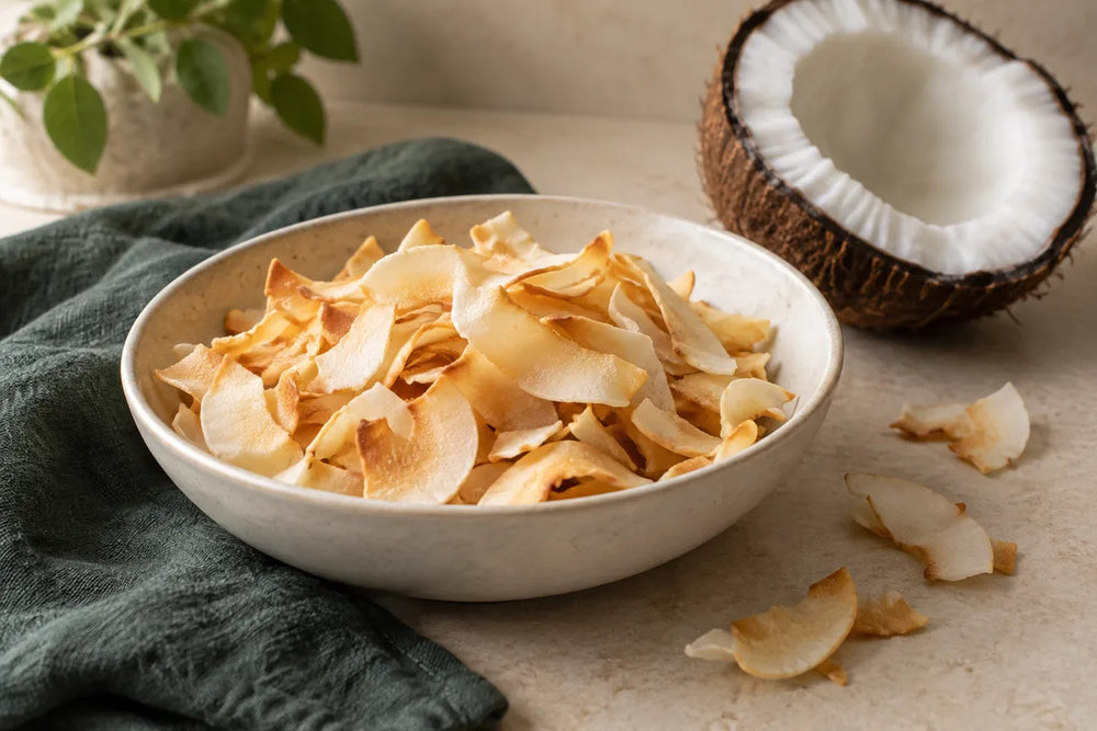 Thin toasted coconut chips in a cream bowl beside a halved coconut.