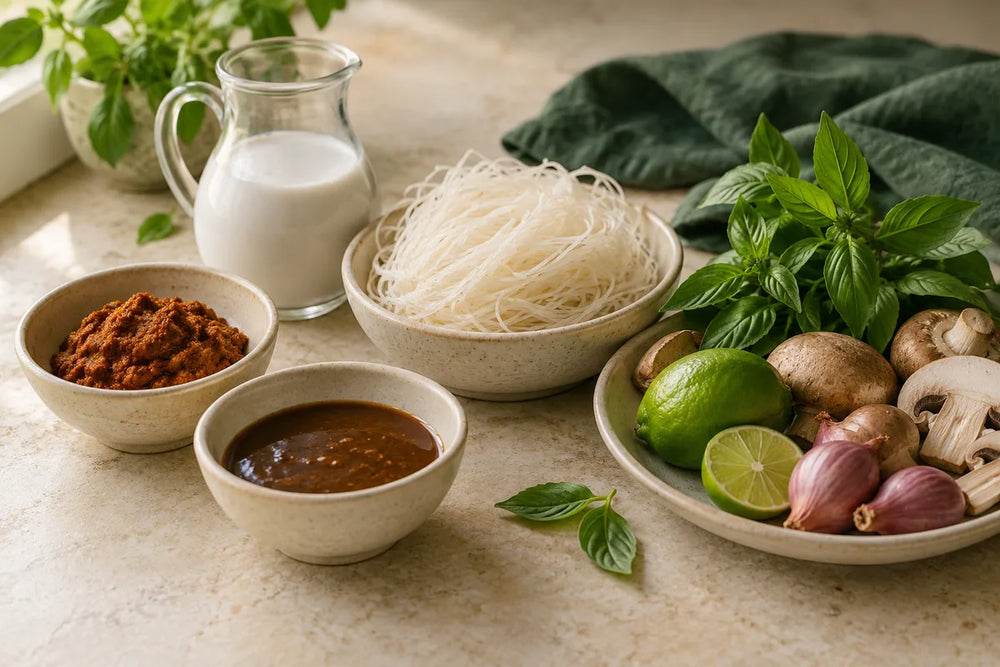 Curry paste, noodle sauce, dry rice noodles and coconut milk arranged with fresh herbs and lime.