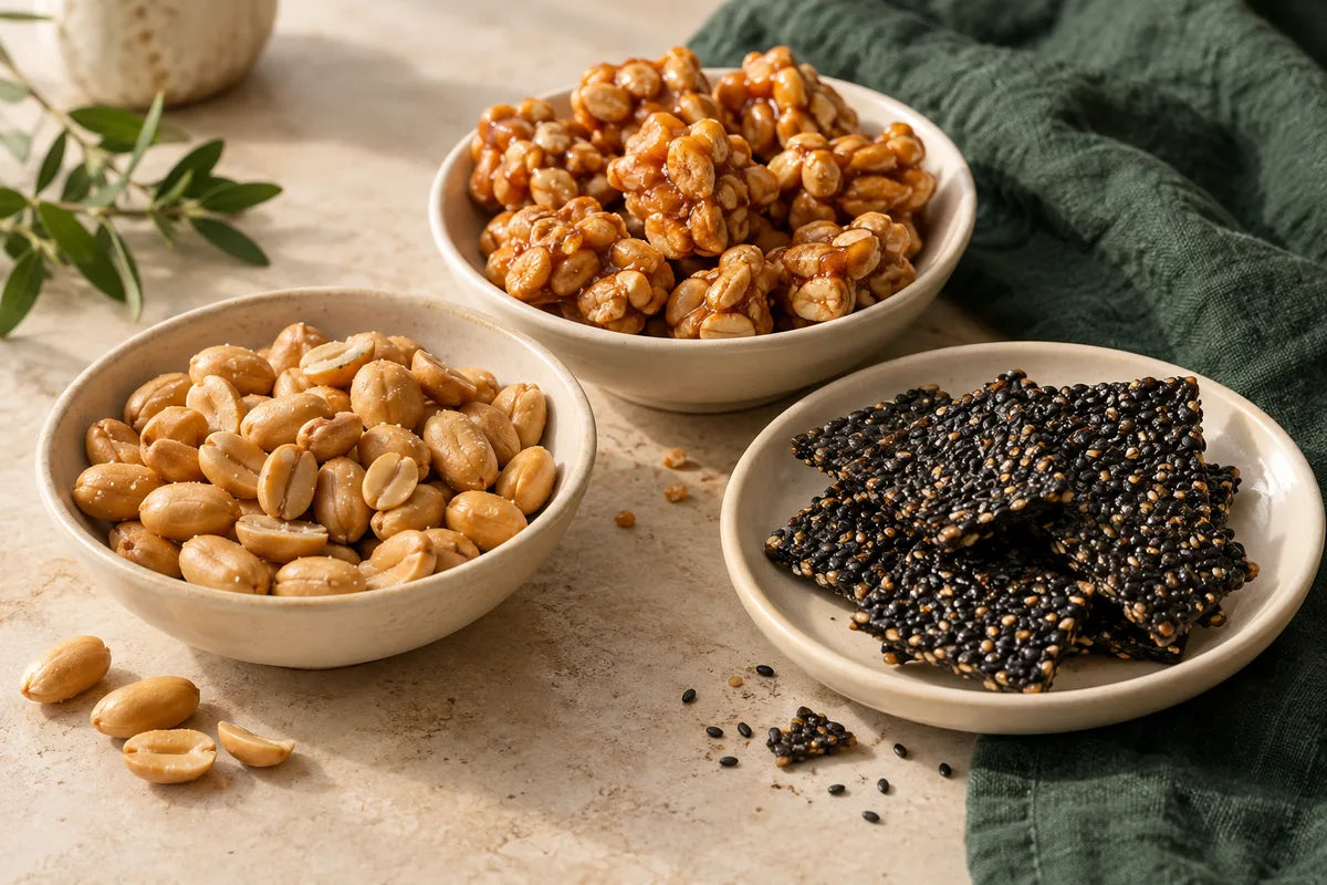 Roasted peanuts, peanut clusters and black sesame brittle in small cream dishes.