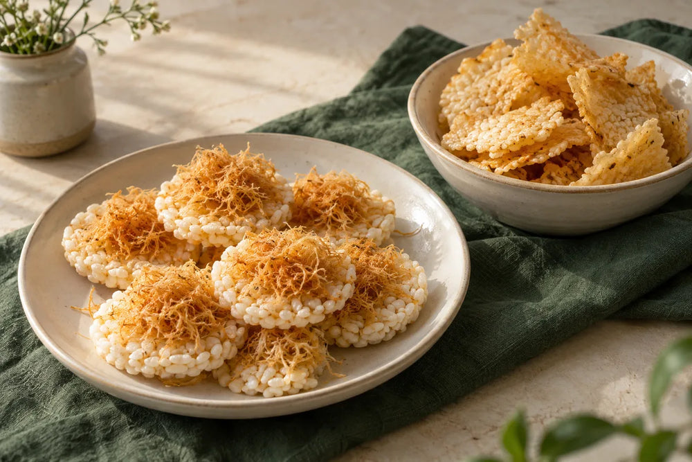 Puffed rice crackers with shrimp floss beside thin golden rice chips.