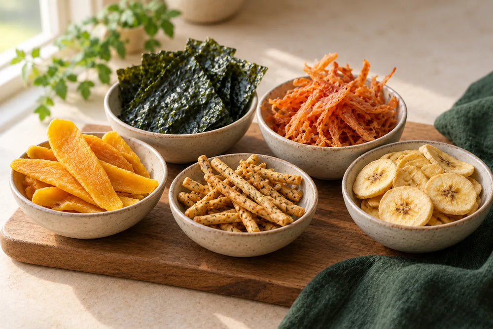 Small tasting dishes of seaweed, seafood strips, dried mango, biscuit sticks and banana chips.
