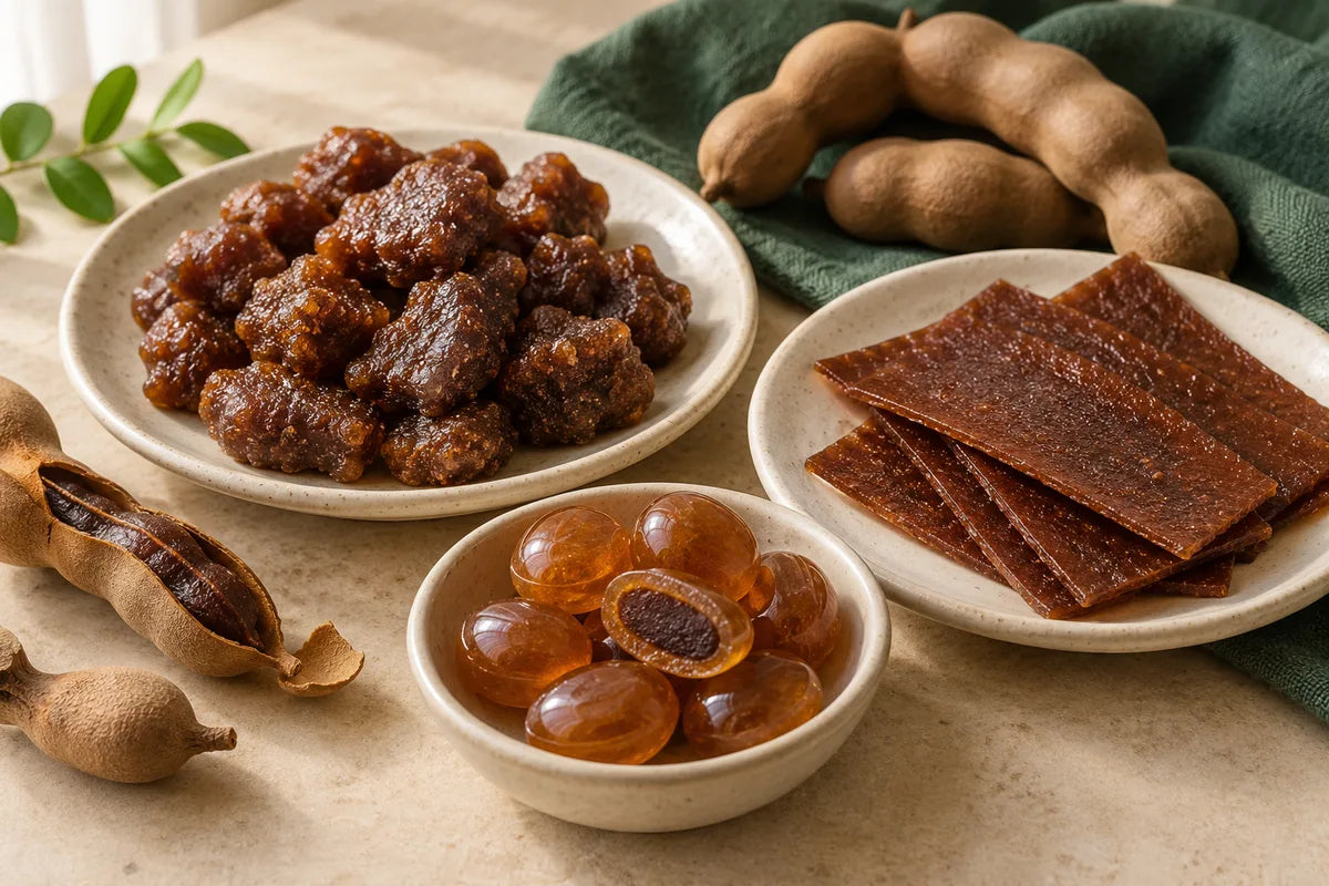 Tamarind fruit snacks, thin tamarind sheets and filled hard candies beside tamarind pods.