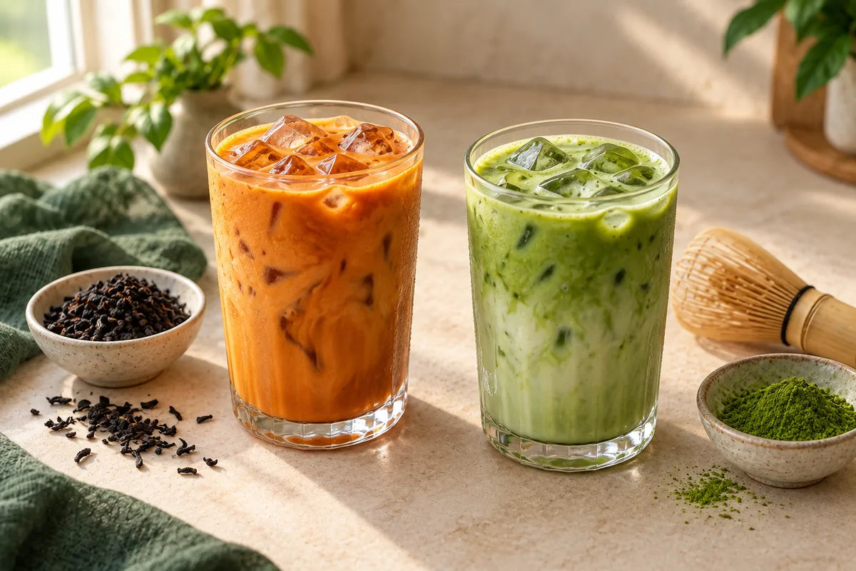 Orange Thai iced milk tea and green matcha latte served side by side with tea leaves and a whisk.