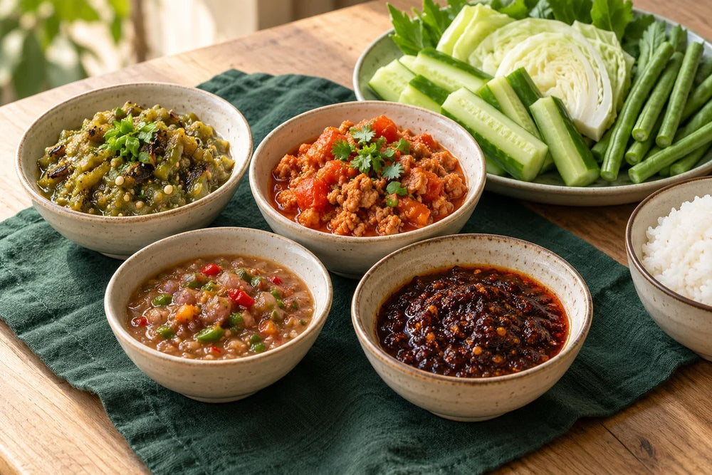 Four Thai nam prik chilli dips served with vegetables and rice on a wooden table (illustration).