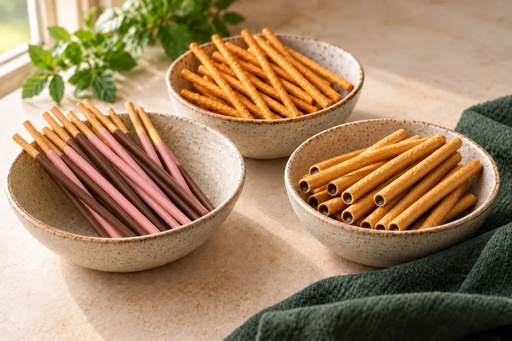Chocolate and strawberry-coated biscuit sticks, savory rods and chocolate-filled biscuit tubes in three bowls.
