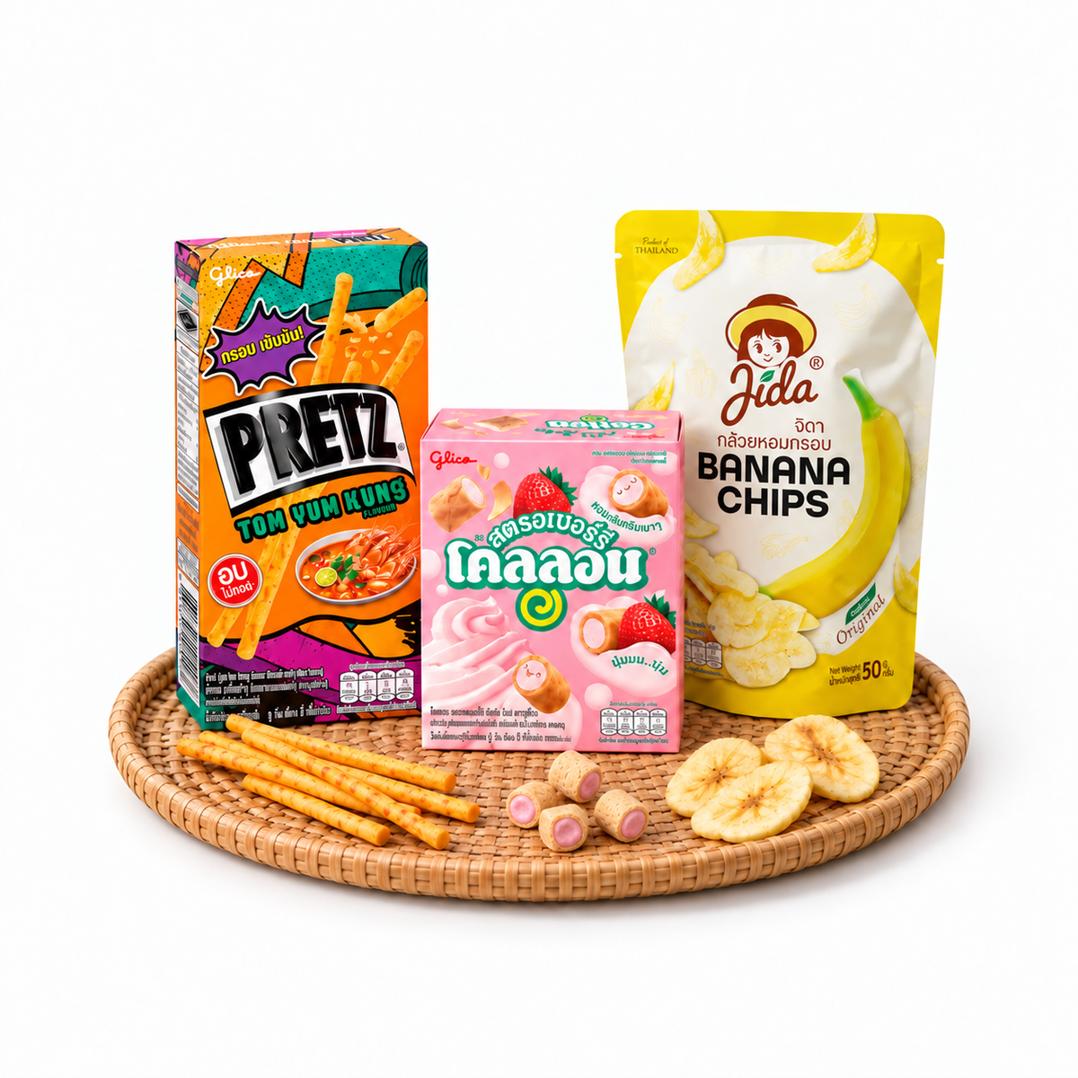 Thai snacks including biscuit sticks, bite-size cream-filled Collon biscuits, and banana chips