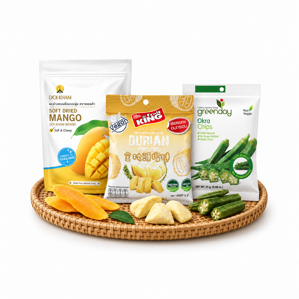 Thai dried fruit products arranged together