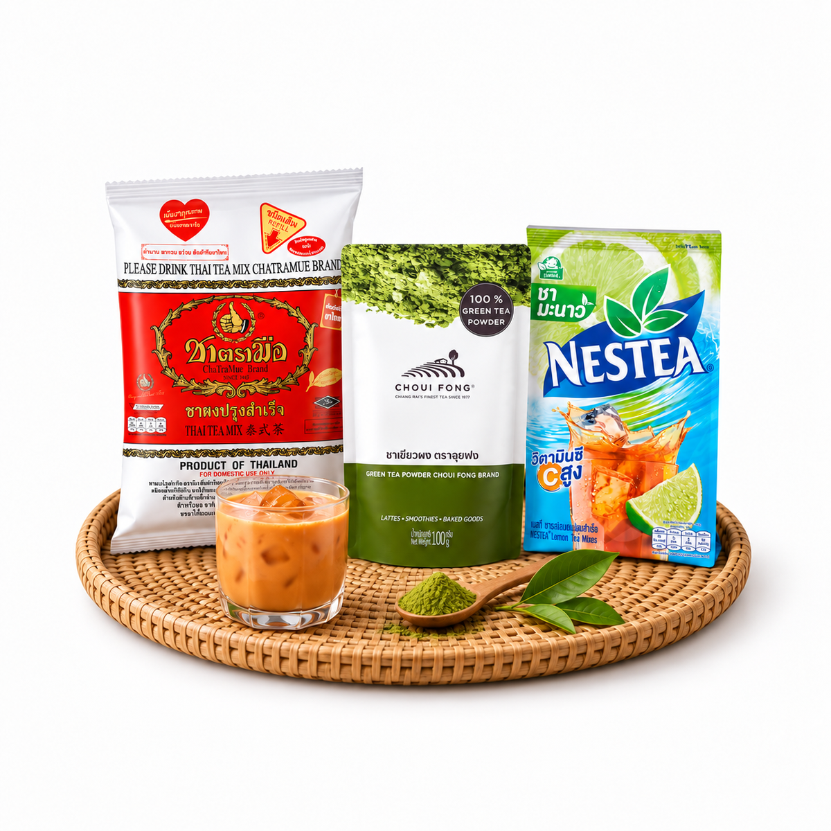 Thai tea and drink products arranged together
