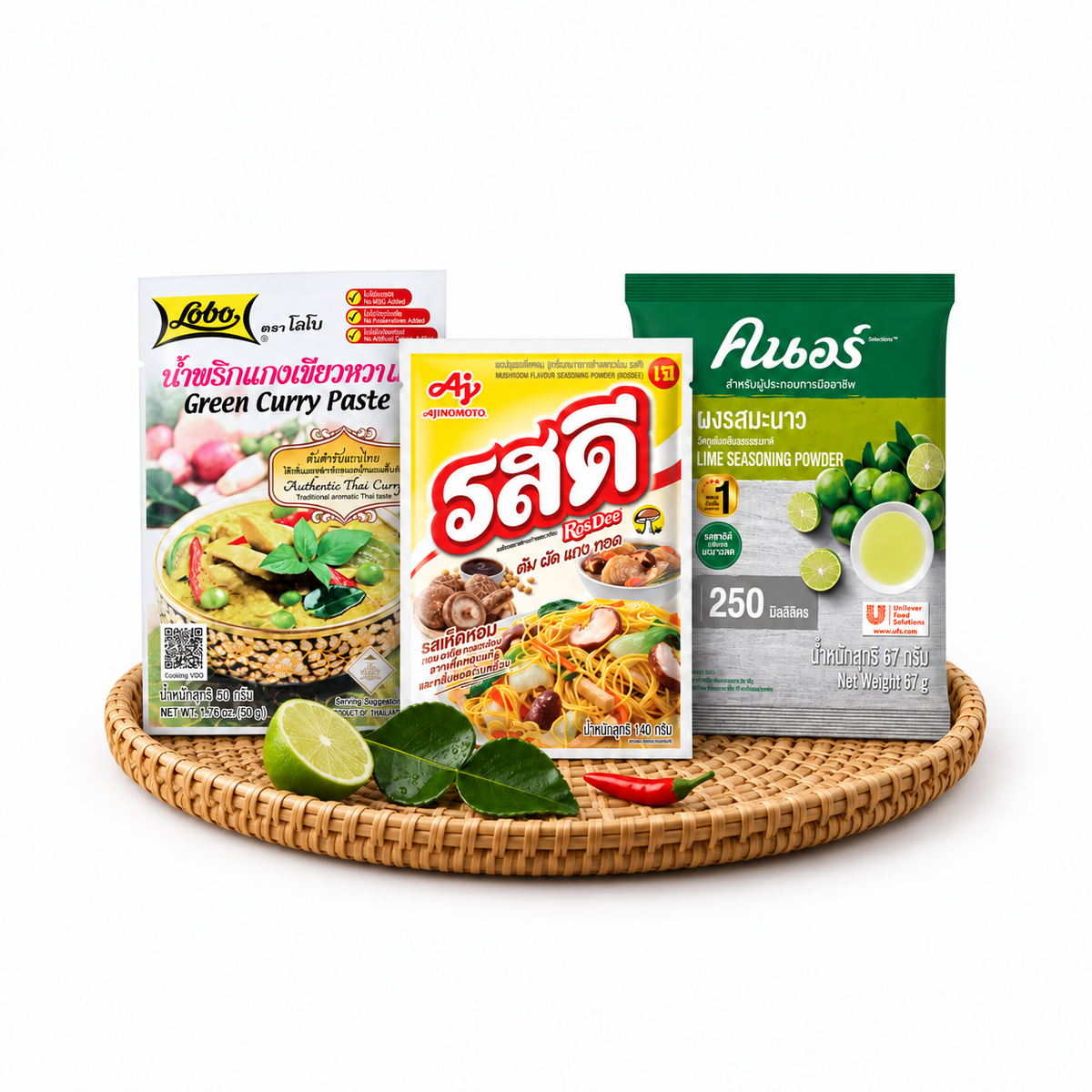 Thai pantry and cooking products arranged together